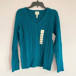 NEW St. John’s Bay Classic Teal Cable Knit V-Neck Sweater size Large